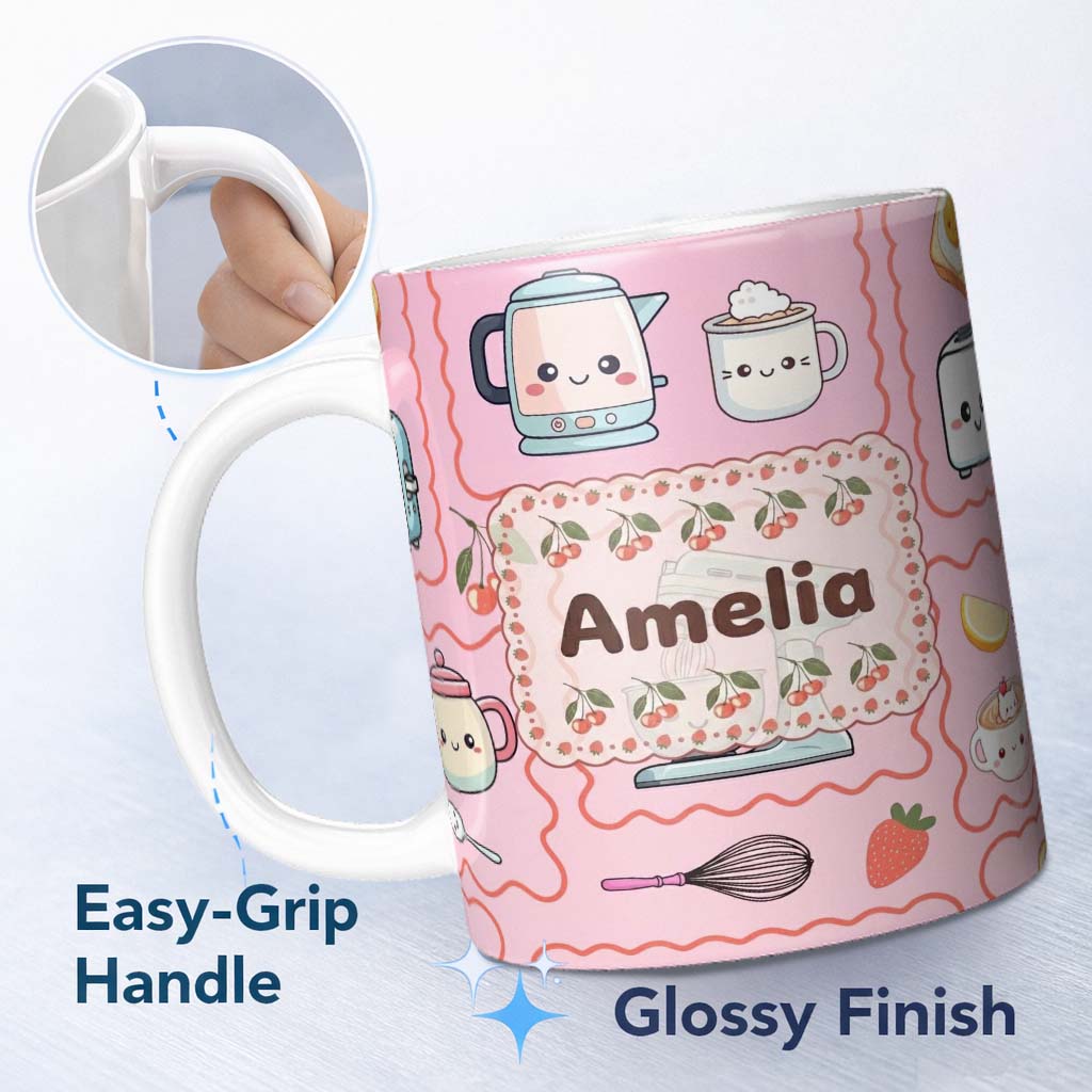 Personalized Custom Name Cute Kawaii Kitchen Mixer Kettle Cups Blush Background Seamless 11oz Ceramic Coffee Tea Mug White Large Handle