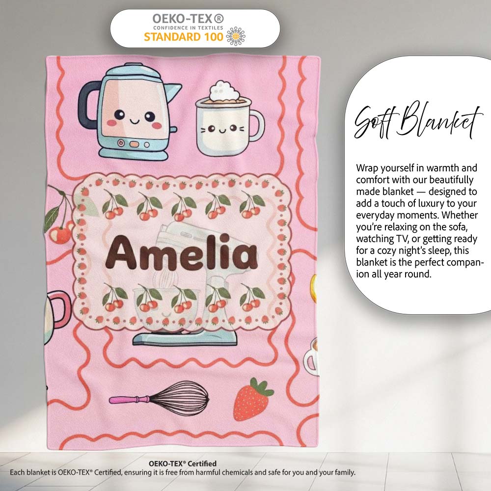 Cute Kawaii Mixer Kettle Cups Blush Background Seamless Personalised Custom Name Super Soft Fleece Blanket Bed Sofa Throw