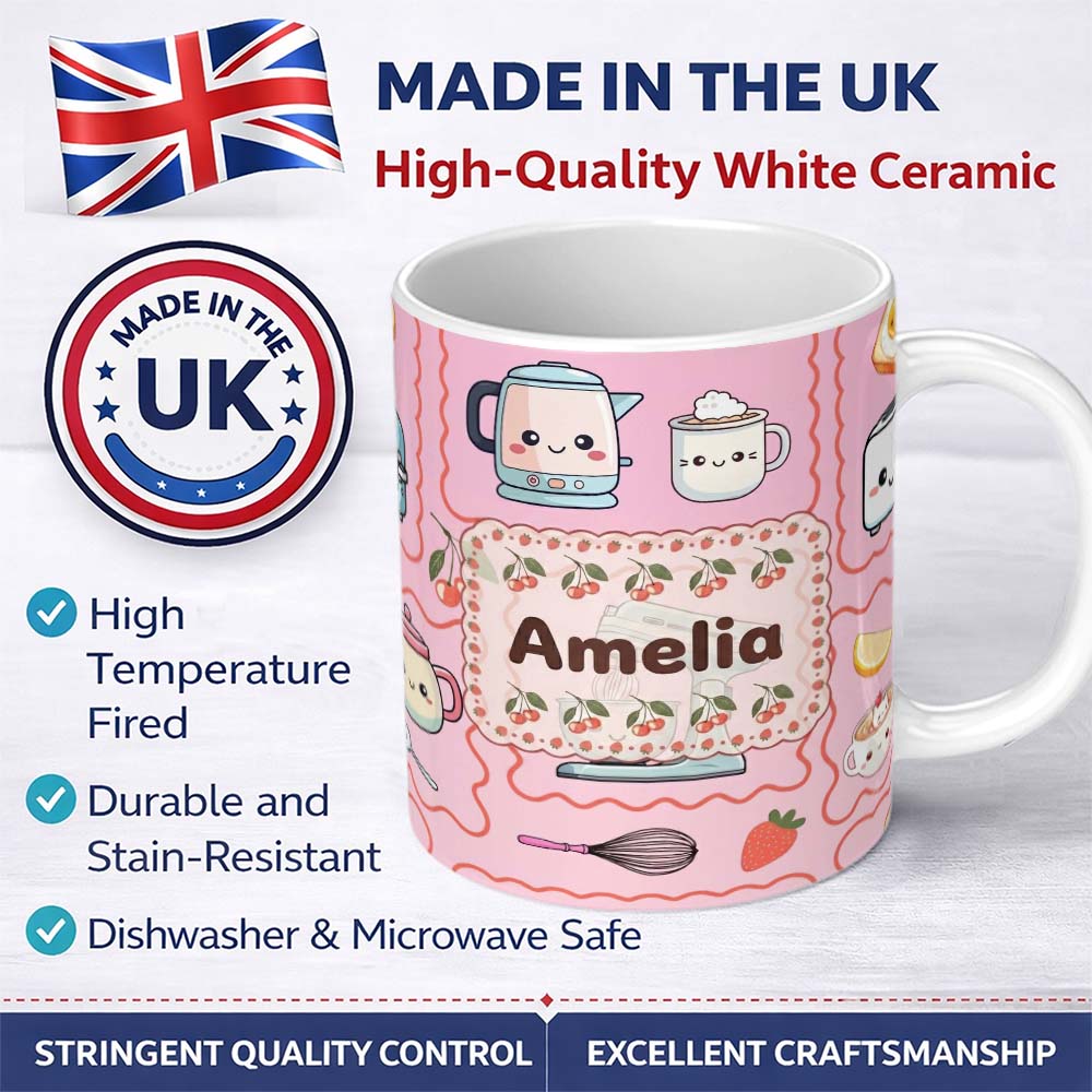 Personalized Custom Name Cute Kawaii Kitchen Mixer Kettle Cups Blush Background Seamless 11oz Ceramic Coffee Tea Mug White Large Handle