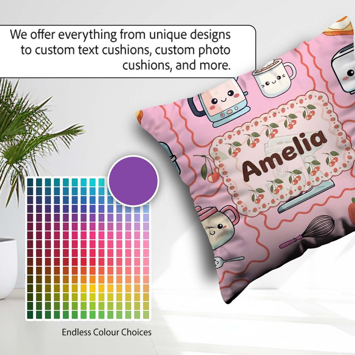 Custom Name Kawaii Mixer Kettle Cups Blush Background Seamless Square Filled Cushion Throw Pillow Sofa Bed Home Decor Zip Washable UK Made