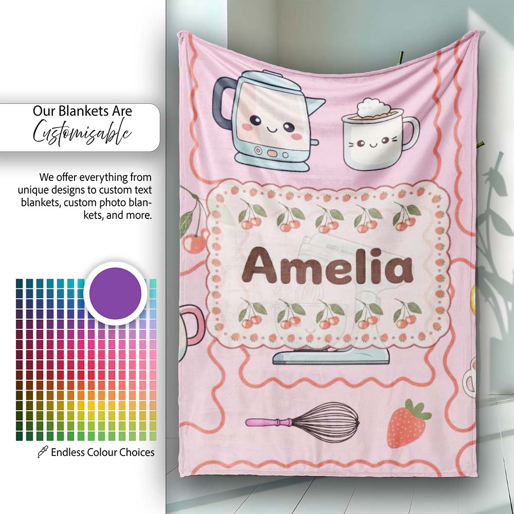 Cute Kawaii Mixer Kettle Cups Blush Background Seamless Personalised Custom Name Super Soft Fleece Blanket Bed Sofa Throw