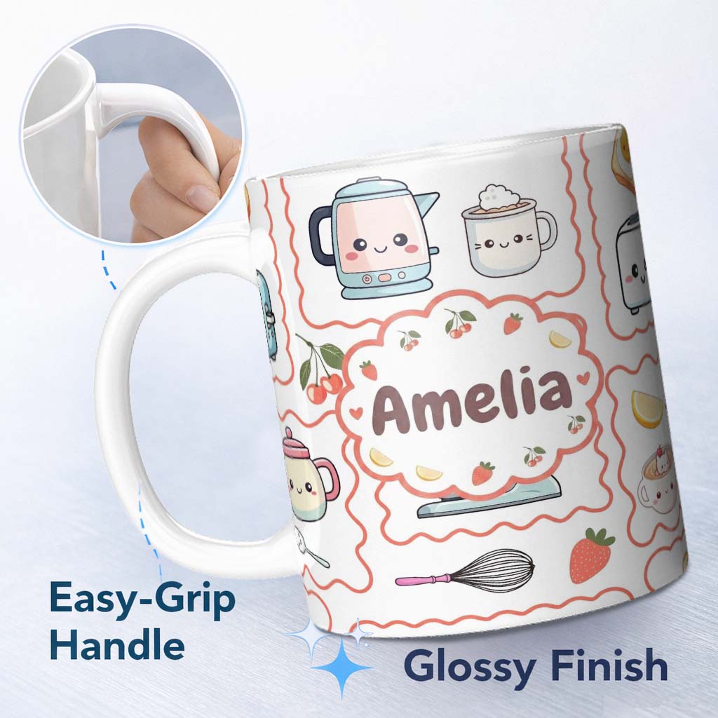 Personalized Custom Name Cute Kawaii Kitchen Mixer Kettle Cups Grey Background Seamless 11oz Ceramic Coffee Tea Mug White Large Handle