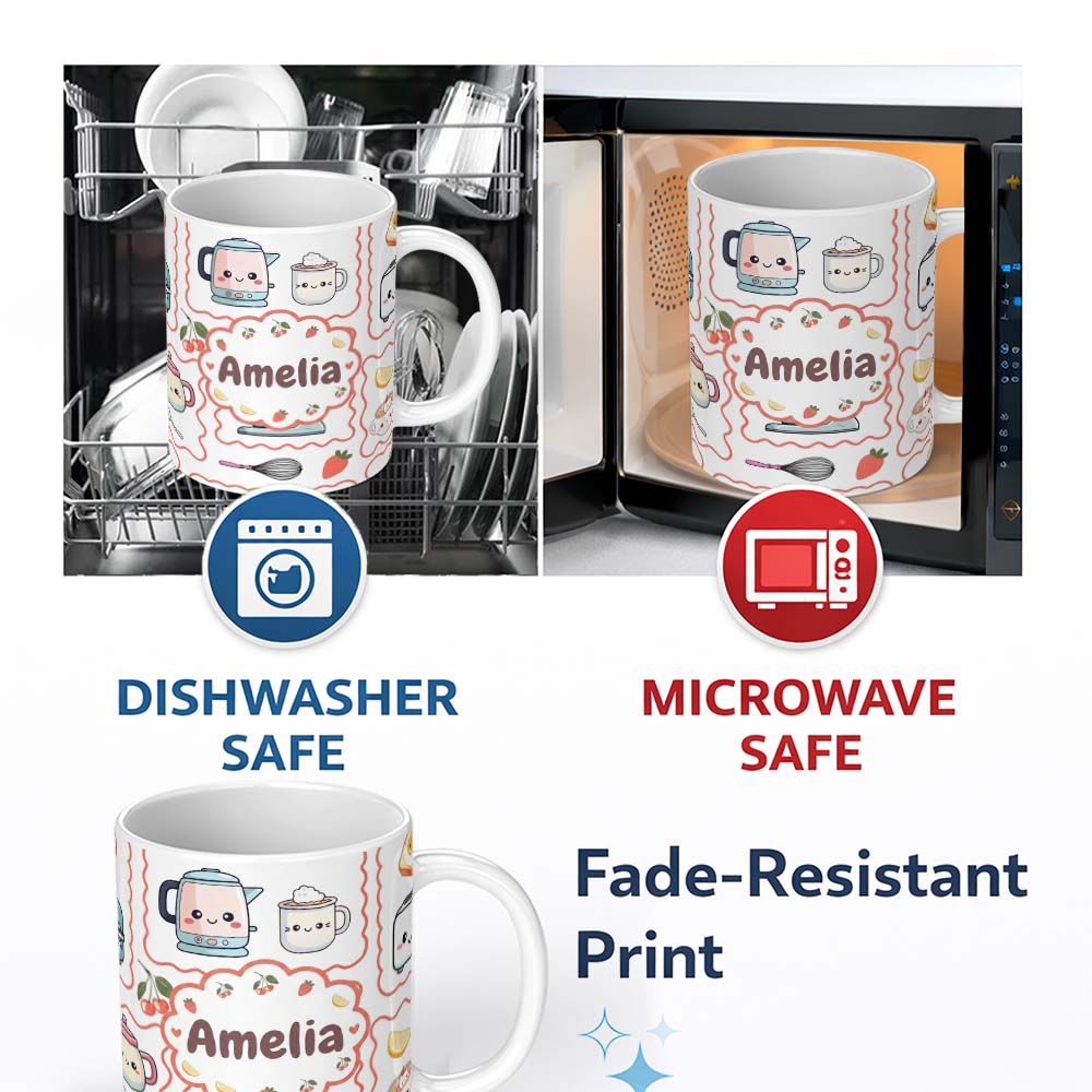 Personalized Custom Name Cute Kawaii Kitchen Mixer Kettle Cups Grey Background Seamless 11oz Ceramic Coffee Tea Mug White Large Handle