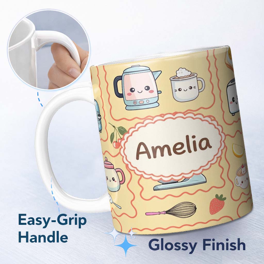 Personalized Custom Name Cute Kawaii Kitchen Mixer Kettle Cups Yellow Background Seamless 11oz Ceramic Coffee Tea Mug White Large Handle