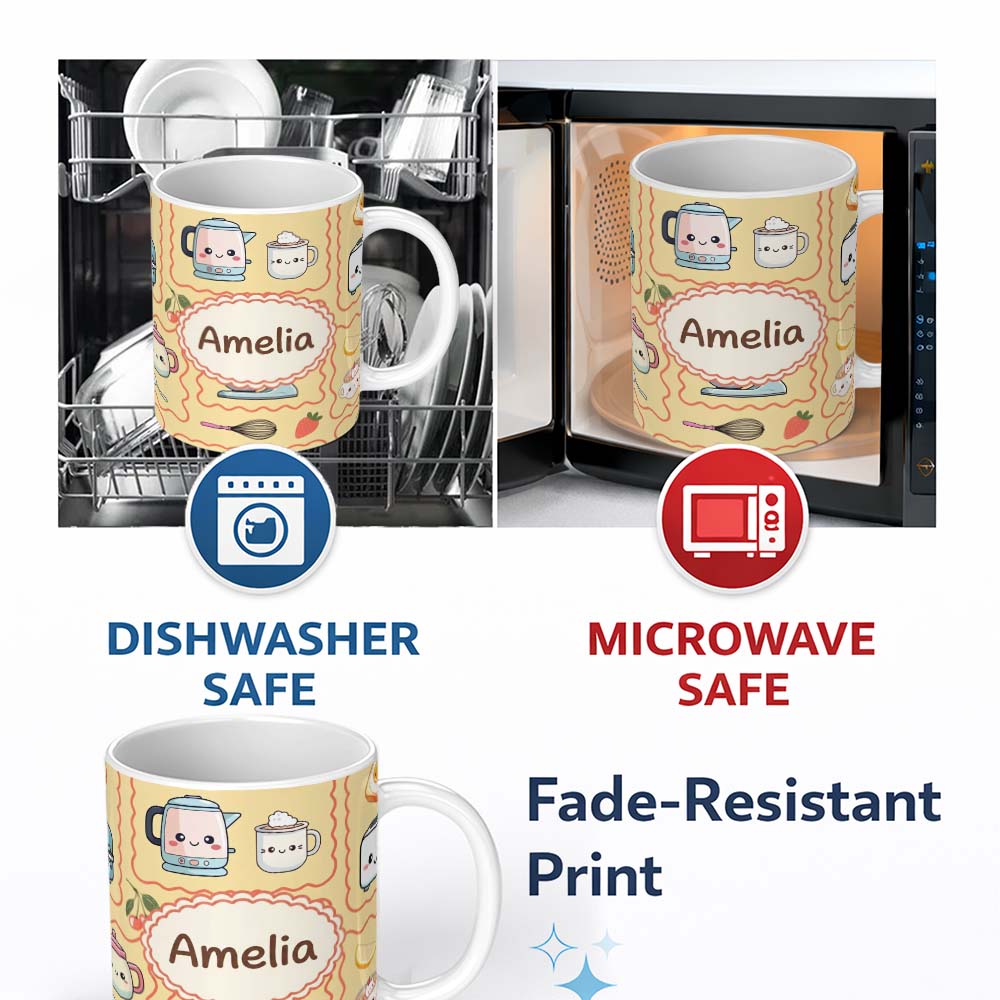Personalized Custom Name Cute Kawaii Kitchen Mixer Kettle Cups Yellow Background Seamless 11oz Ceramic Coffee Tea Mug White Large Handle