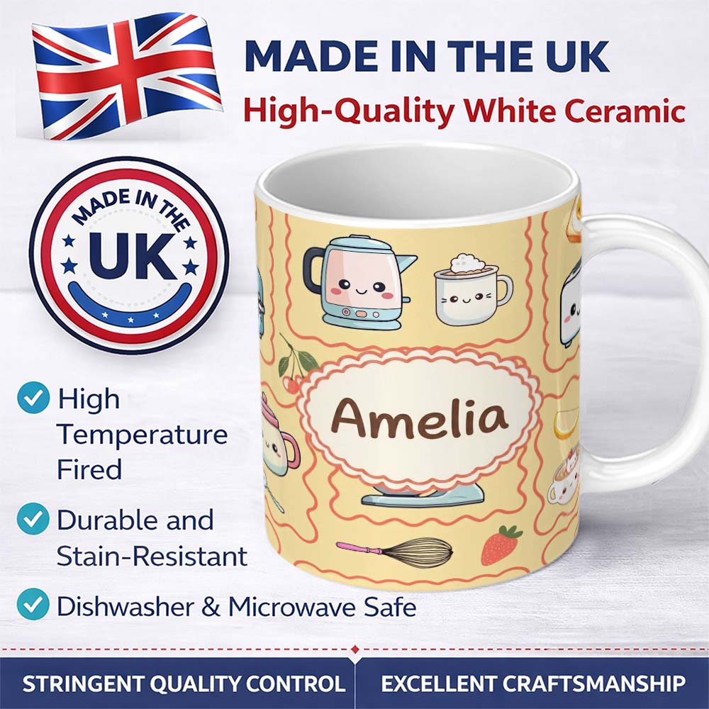 Personalized Custom Name Cute Kawaii Kitchen Mixer Kettle Cups Yellow Background Seamless 11oz Ceramic Coffee Tea Mug White Large Handle