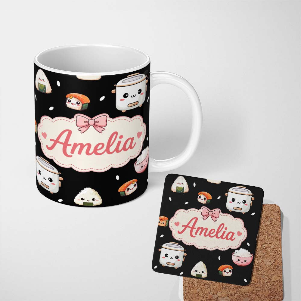 Personalized Custom Name Cute Kawaii Sushi Rice Bowl Cooker Black Background Seamless 11oz Ceramic Coffee Tea Mug White Large Handle