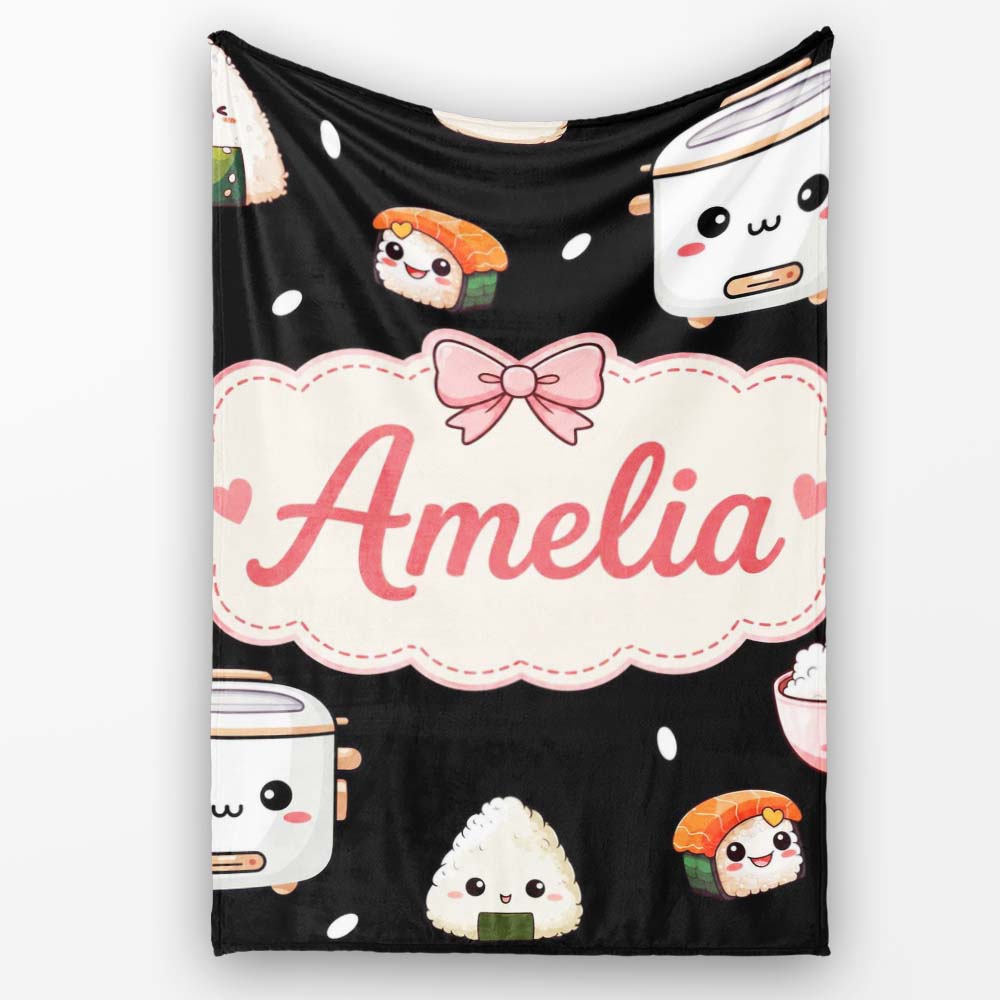 Cute Kawaii Sushi Rice Bowl Cooker Black Background Seamless Personalised Custom Name Super Soft Fleece Blanket Bed Sofa Throw