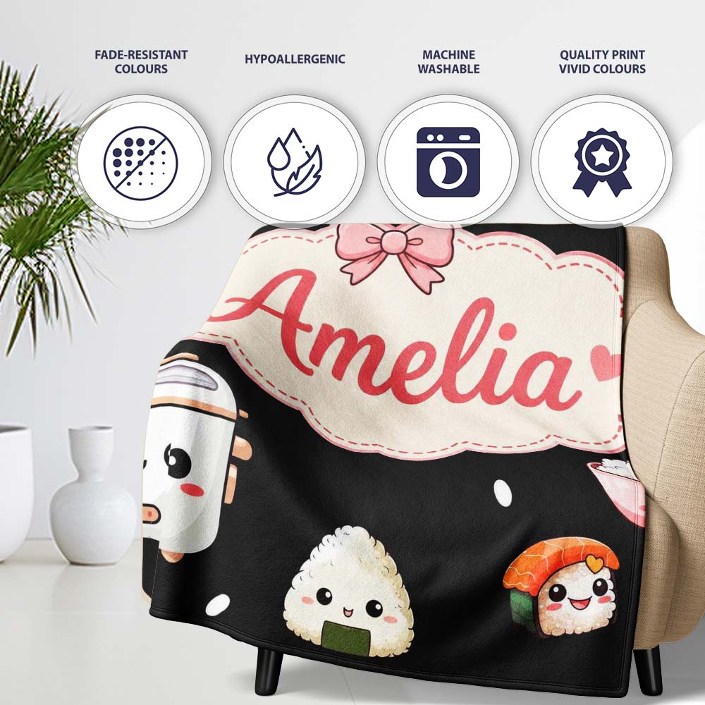 Cute Kawaii Sushi Rice Bowl Cooker Black Background Seamless Personalised Custom Name Super Soft Fleece Blanket Bed Sofa Throw