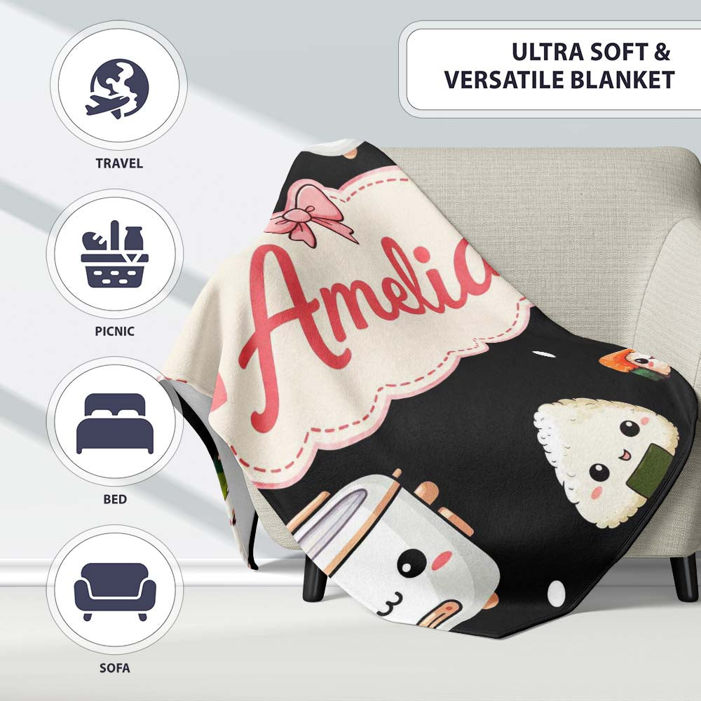 Cute Kawaii Sushi Rice Bowl Cooker Black Background Seamless Personalised Custom Name Super Soft Fleece Blanket Bed Sofa Throw