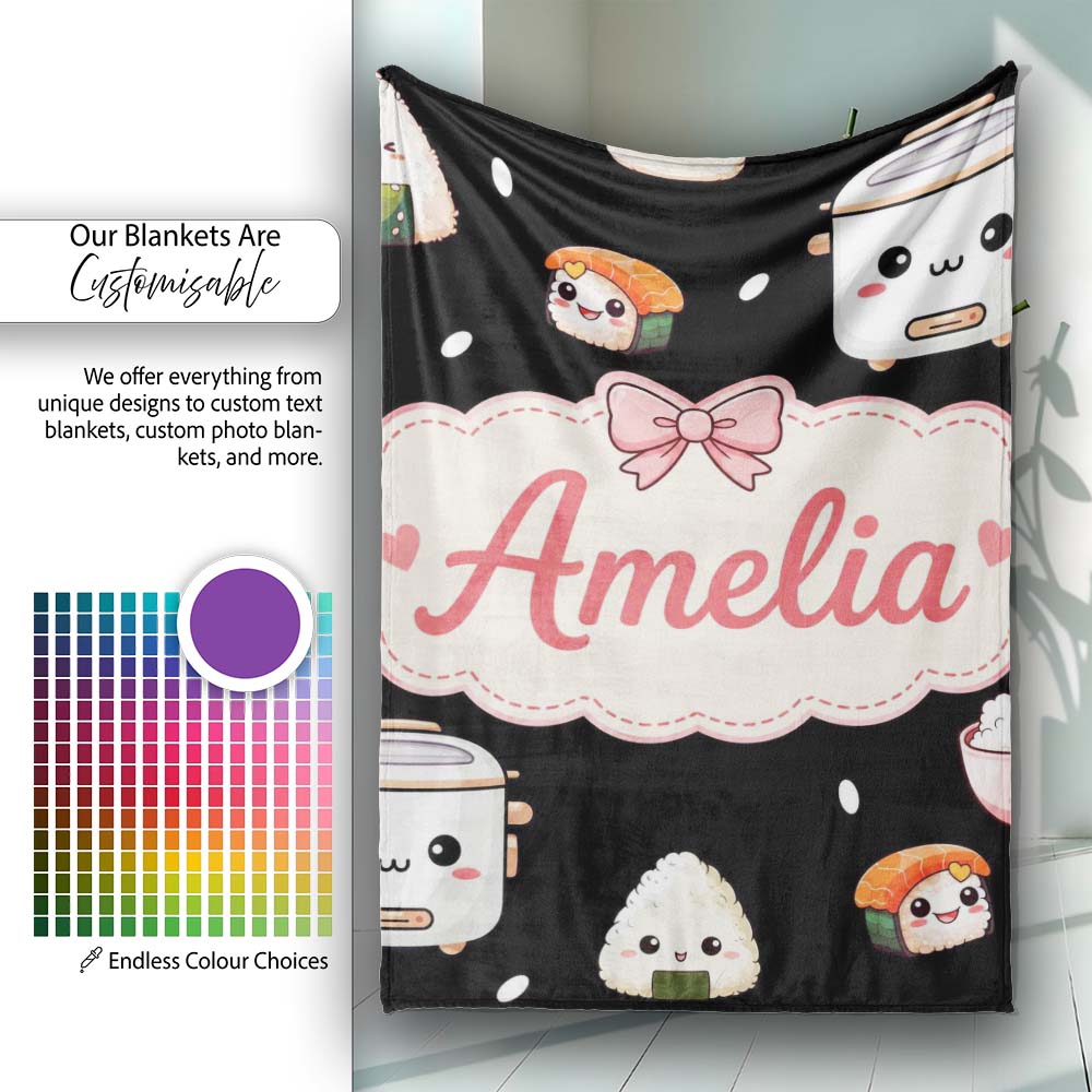 Cute Kawaii Sushi Rice Bowl Cooker Black Background Seamless Personalised Custom Name Super Soft Fleece Blanket Bed Sofa Throw