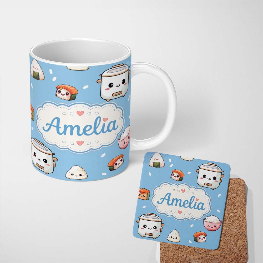 Personalized Custom Name Cute Kawaii Sushi Rice Bowl Cooker Blue Background Seamless Pattern 11oz Ceramic Coffee Tea Mug White Large Handle