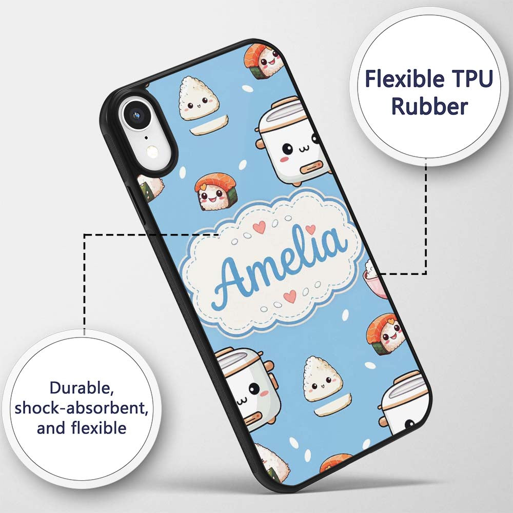 Cute Kawaii Sushi Rice Bowl Cooker Printed Design Custom Name Protective Phone Case Mobile Cover Durable Everyday Smartphone Shock Resistant