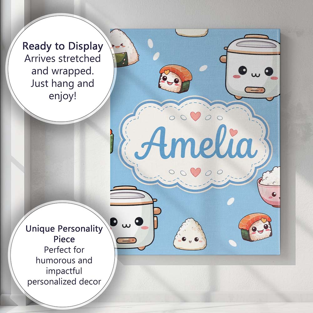 Personalised Name Cute Kawaii Sushi Rice Custom Unique Gift Idea Elegant Feature Canvas Wall Art Print Decor Picture Ready to Hang