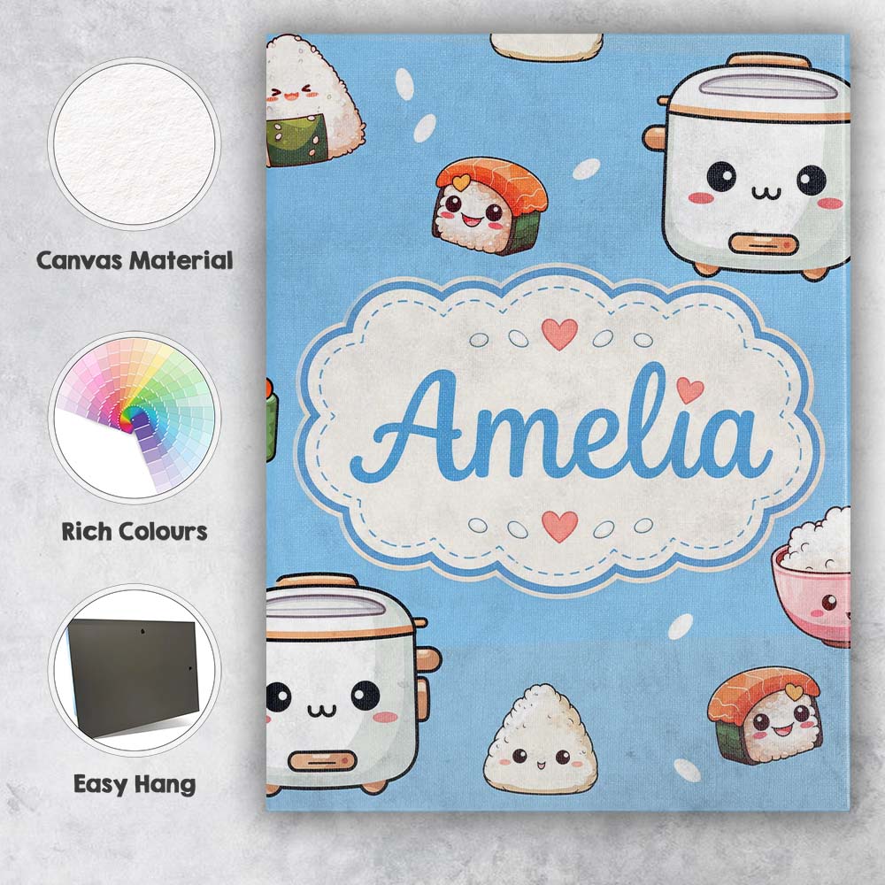 Personalised Name Cute Kawaii Sushi Rice Custom Unique Gift Idea Elegant Feature Canvas Wall Art Print Decor Picture Ready to Hang