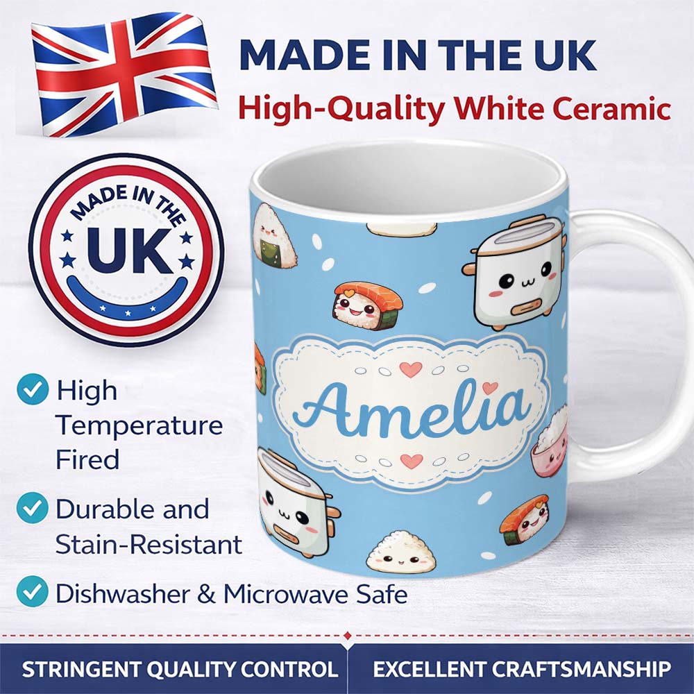 Personalized Custom Name Cute Kawaii Sushi Rice Bowl Cooker Blue Background Seamless Pattern 11oz Ceramic Coffee Tea Mug White Large Handle