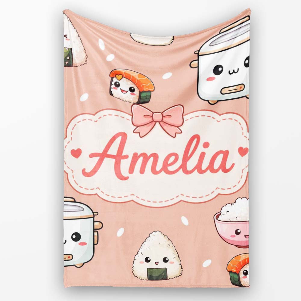 Cute Kawaii Sushi Rice Cooker Bowl Salmon Beige Background Seamless Personalised Custom Name Super Soft Fleece Blanket Bed Sofa Throw