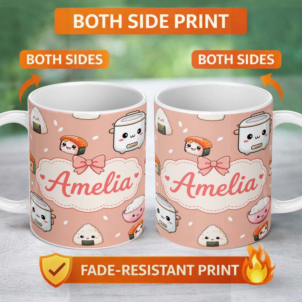 Personalized Custom Name Cute Kawaii Sushi Rice Cooker Bowl Salmon Beige Background Seamless 11oz Ceramic Coffee Tea Mug White Large Handle