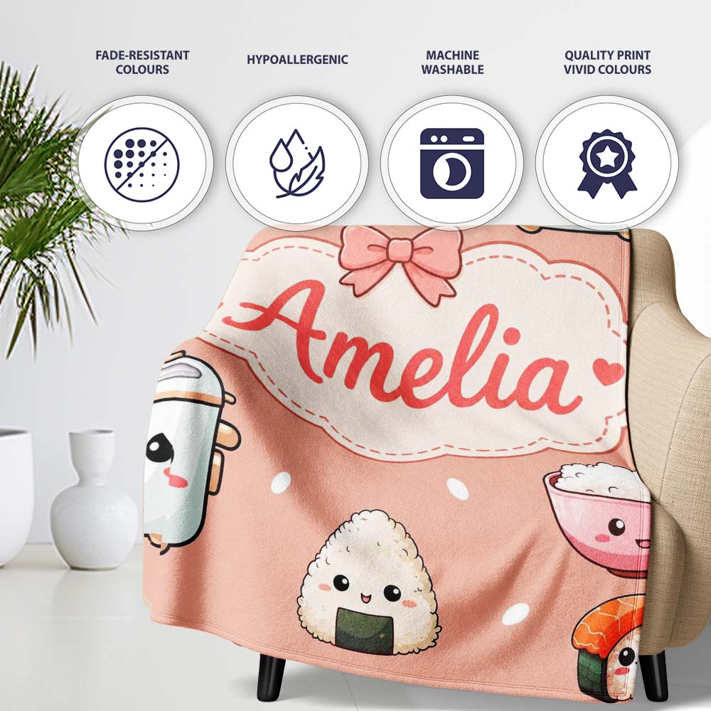 Cute Kawaii Sushi Rice Cooker Bowl Salmon Beige Background Seamless Personalised Custom Name Super Soft Fleece Blanket Bed Sofa Throw