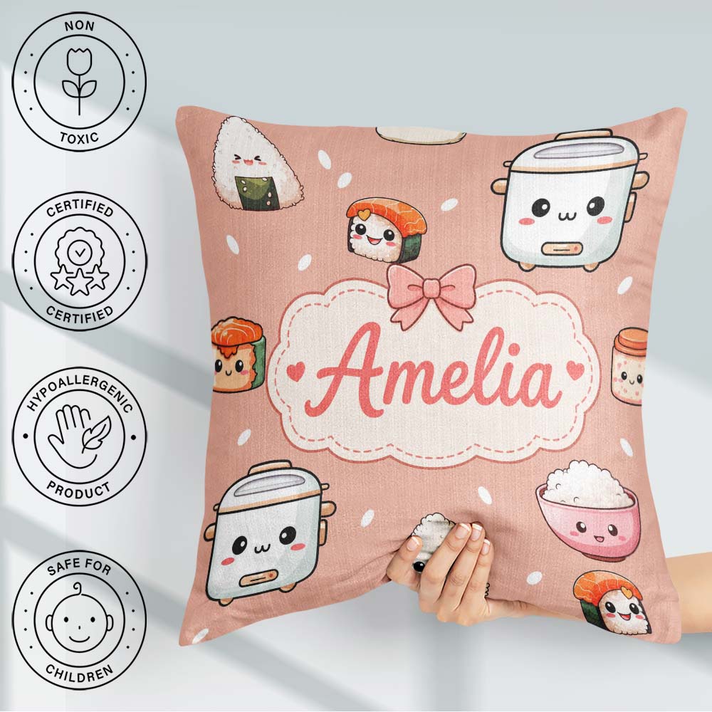 Custom Name Kawaii Sushi Rice Cooker Bowl Salmon Beige Seamless Square Filled Cushion Throw Pillow Sofa Bed Home Decor Zip Washable UK Made