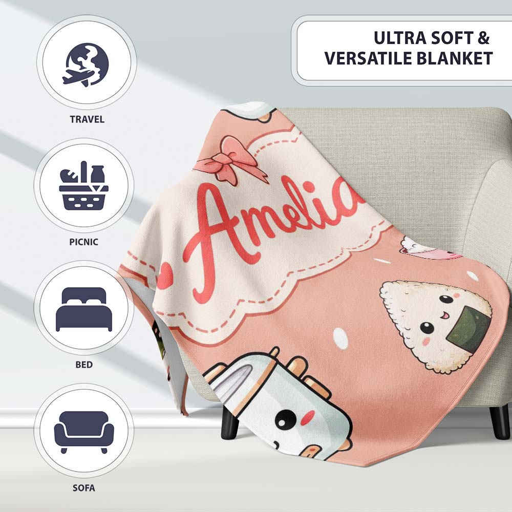 Cute Kawaii Sushi Rice Cooker Bowl Salmon Beige Background Seamless Personalised Custom Name Super Soft Fleece Blanket Bed Sofa Throw