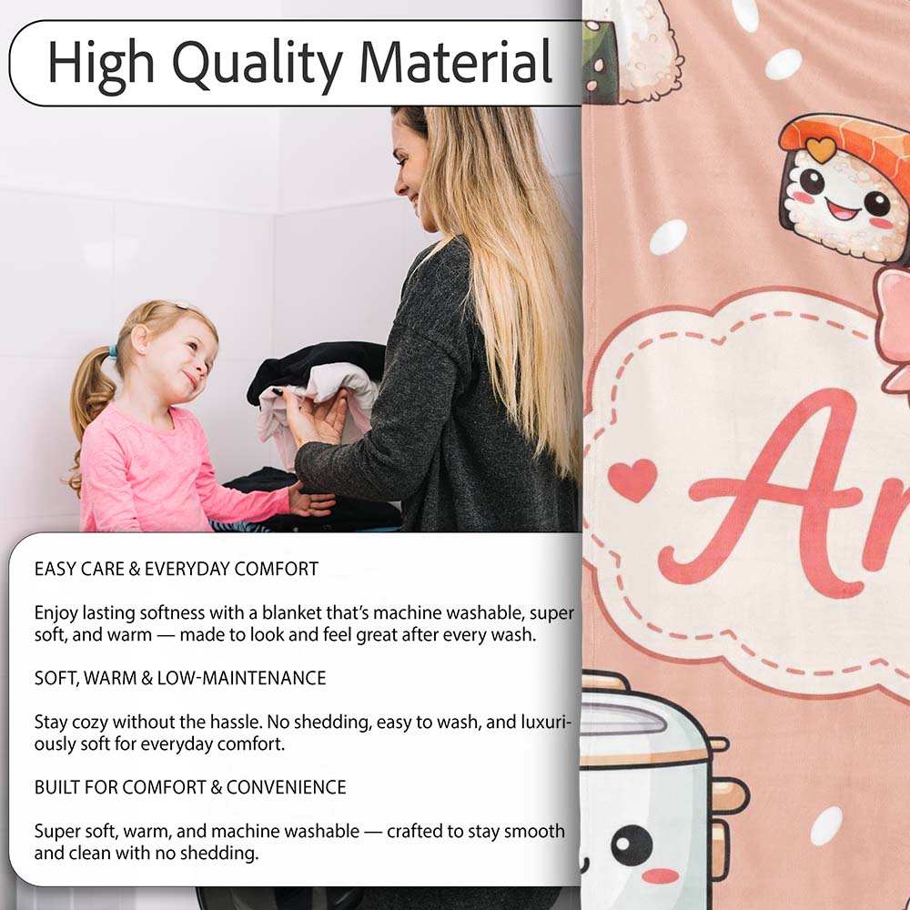 Cute Kawaii Sushi Rice Cooker Bowl Salmon Beige Background Seamless Personalised Custom Name Super Soft Fleece Blanket Bed Sofa Throw