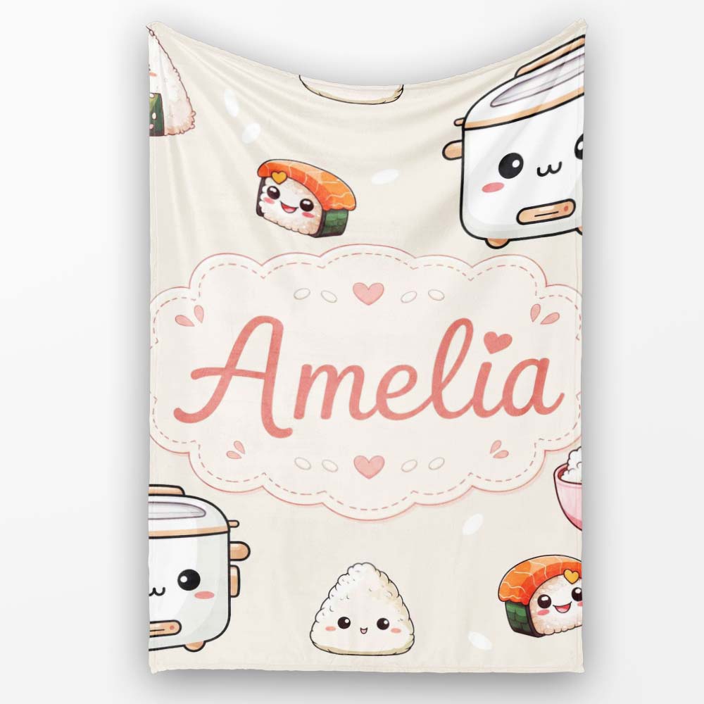 Cute Kawaii Sushi Rice Cooker Bowl Neutral Background Seamless Personalised Custom Name Super Soft Fleece Blanket Bed Sofa Throw