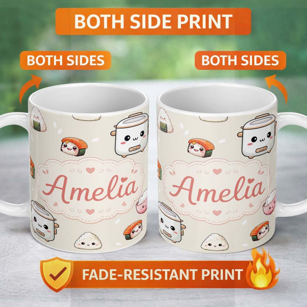 Personalized Custom Name Cute Kawaii Sushi Rice Cooker Bowl Neutral Background Seamless 11oz Ceramic Coffee Tea Mug White Large Handle