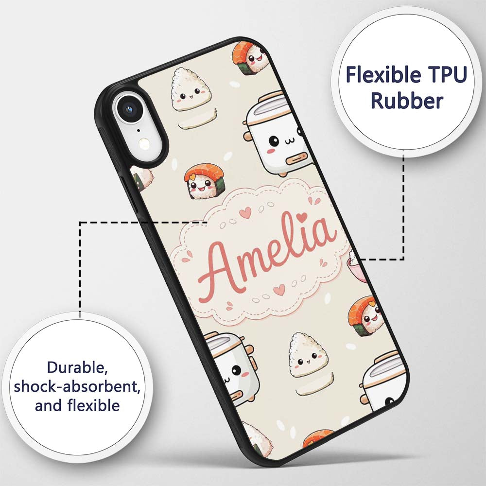 Cute Kawaii Sushi Rice Cooker Bowl Printed Design Custom Name Protective Phone Case Mobile Cover Durable Everyday Smartphone Shock Resistant
