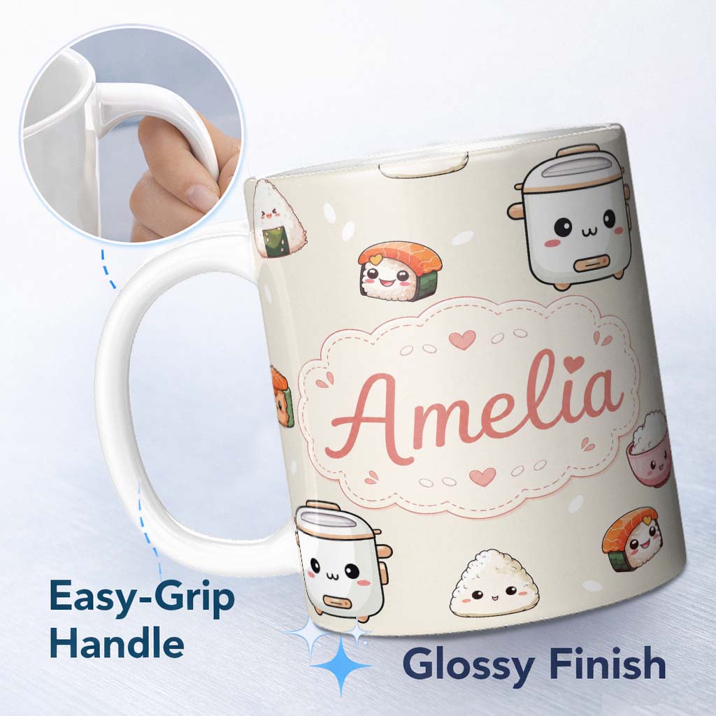 Personalized Custom Name Cute Kawaii Sushi Rice Cooker Bowl Neutral Background Seamless 11oz Ceramic Coffee Tea Mug White Large Handle
