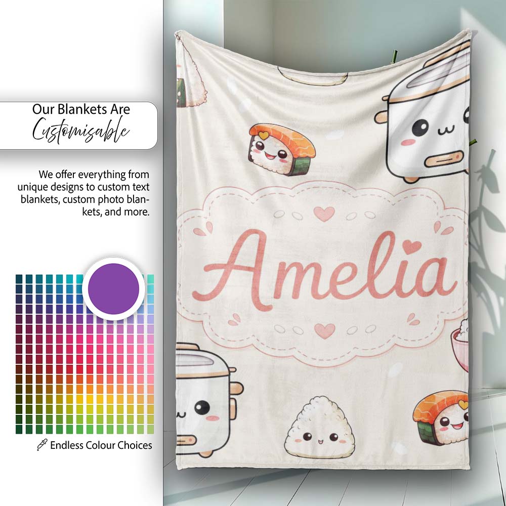 Cute Kawaii Sushi Rice Cooker Bowl Neutral Background Seamless Personalised Custom Name Super Soft Fleece Blanket Bed Sofa Throw
