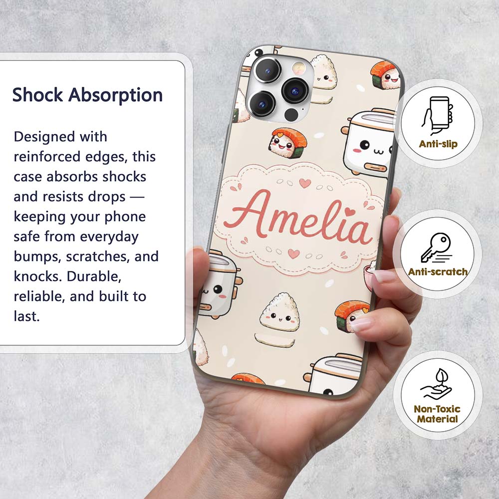 Cute Kawaii Sushi Rice Cooker Bowl Printed Design Custom Name Protective Phone Case Mobile Cover Durable Everyday Smartphone Shock Resistant