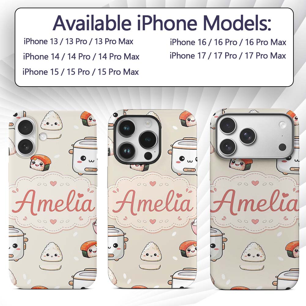 Cute Kawaii Sushi Rice Cooker Bowl Printed Design Custom Name Protective Phone Case Mobile Cover Durable Everyday Smartphone Shock Resistant