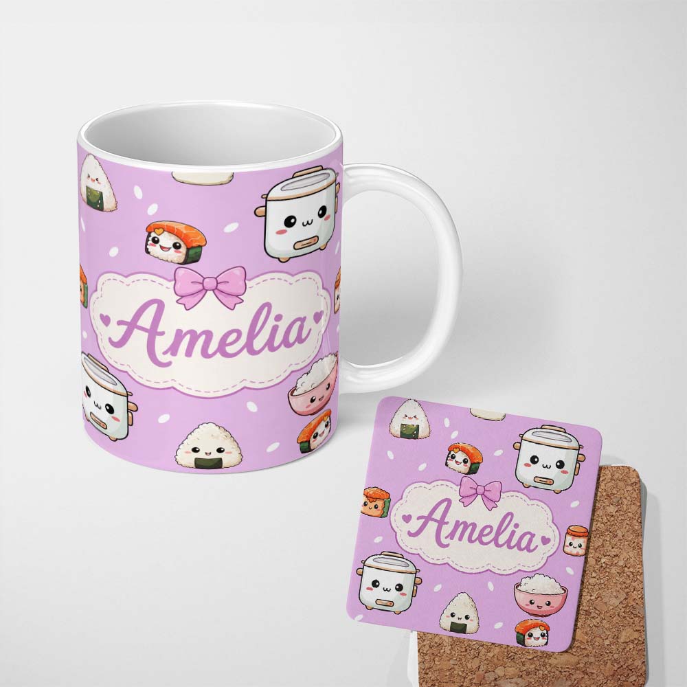 Personalized Custom Name Cute Kawaii Sushi Rice Cooker Bowl Purple Background Seamless 11oz Ceramic Coffee Tea Mug White Large Handle