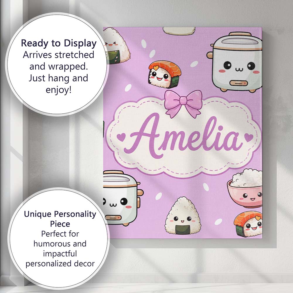 Personalised Name Cute Kawaii Sushi Rice Custom Unique Gift Idea Elegant Feature Canvas Wall Art Print Decor Picture Ready to Hang