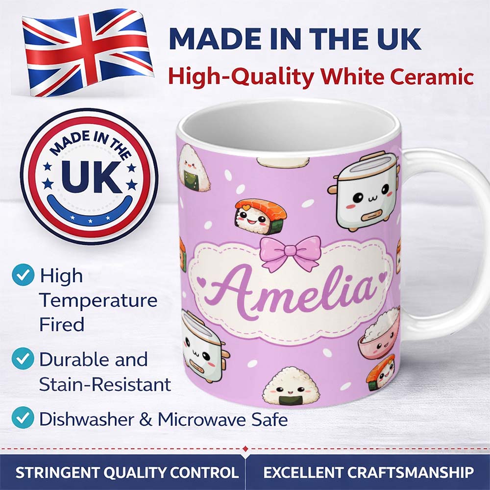 Personalized Custom Name Cute Kawaii Sushi Rice Cooker Bowl Purple Background Seamless 11oz Ceramic Coffee Tea Mug White Large Handle
