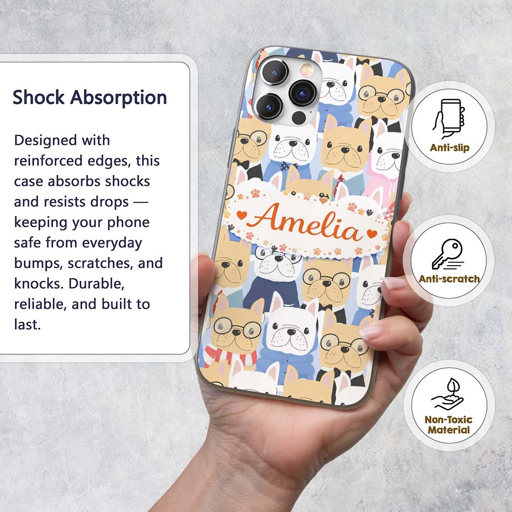 Stylish French Bulldog Dogs Decorative Design Custom Name Protective Phone Case Mobile Cover Durable Everyday Smartphone Shock Resistant