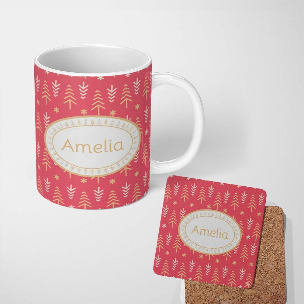 Personalized Custom Name Minimalist Christmas Tree Arrow Pattern Red Gold Festive Seamless 11oz Ceramic Coffee Tea Mug White Large Handle