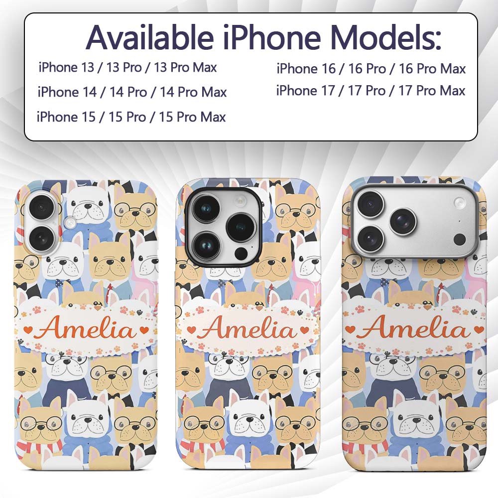 Stylish French Bulldog Dogs Decorative Design Custom Name Protective Phone Case Mobile Cover Durable Everyday Smartphone Shock Resistant