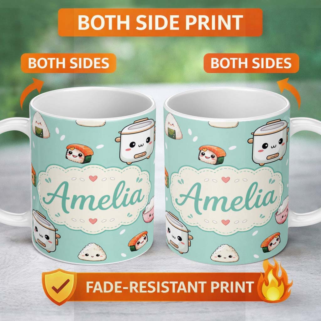 Personalized Custom Name Cute Kawaii Sushi Rice Cooker Bowl Mint Background Seamless Pattern 11oz Ceramic Coffee Tea Mug White Large Handle
