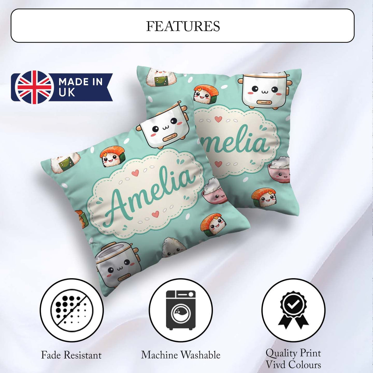 Custom Name Kawaii Sushi Rice Cooker Bowl Mint Seamless Pattern Square Filled Cushion Throw Pillow Sofa Bed Home Decor Zip Washable UK Made