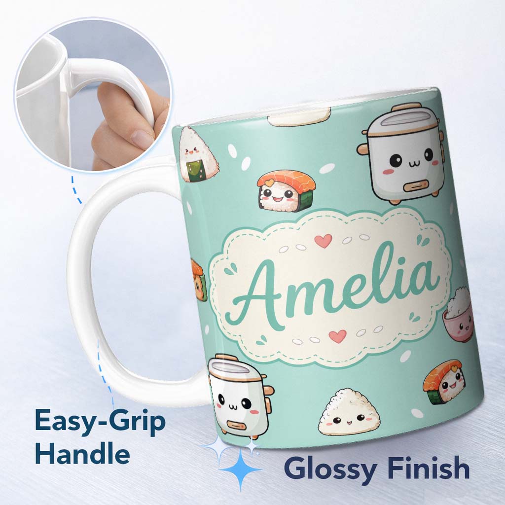 Personalized Custom Name Cute Kawaii Sushi Rice Cooker Bowl Mint Background Seamless Pattern 11oz Ceramic Coffee Tea Mug White Large Handle