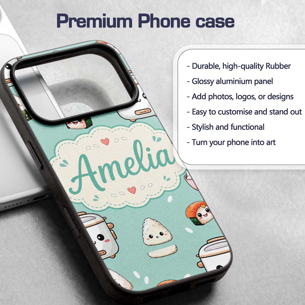 Cute Kawaii Sushi Rice Cooker Bowl Printed Design Custom Name Protective Phone Case Mobile Cover Durable Everyday Smartphone Shock Resistant