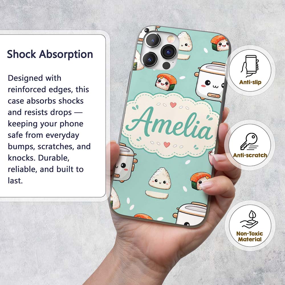 Cute Kawaii Sushi Rice Cooker Bowl Printed Design Custom Name Protective Phone Case Mobile Cover Durable Everyday Smartphone Shock Resistant