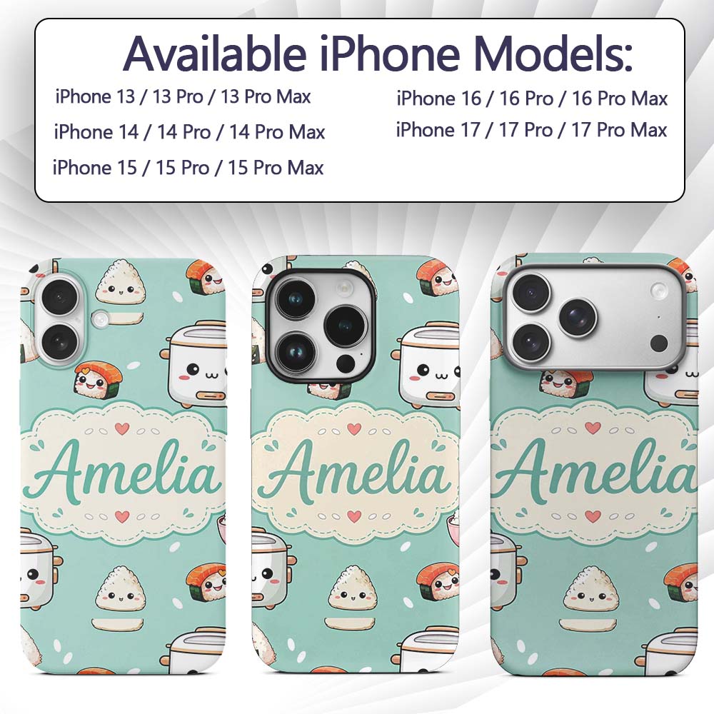 Cute Kawaii Sushi Rice Cooker Bowl Printed Design Custom Name Protective Phone Case Mobile Cover Durable Everyday Smartphone Shock Resistant