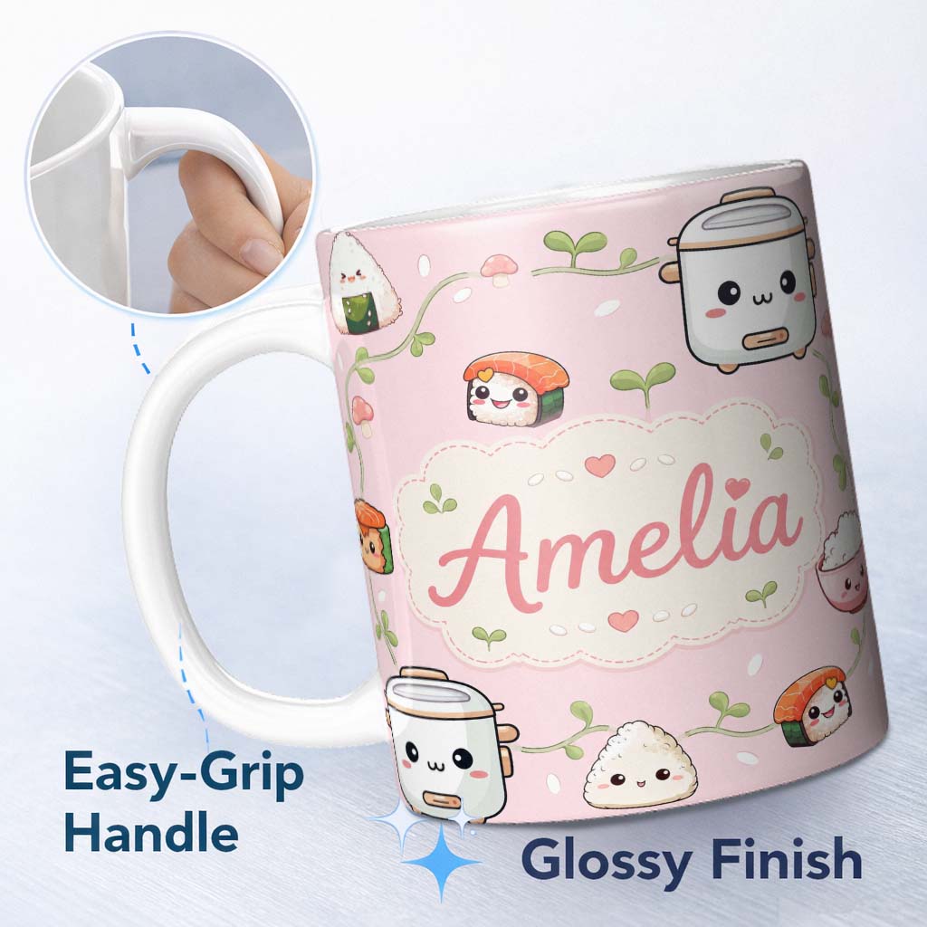 Personalized Custom Name Cute Kawaii Sushi Rice Cooker Bowl Soft Pink Background Seamless 11oz Ceramic Coffee Tea Mug White Large Handle