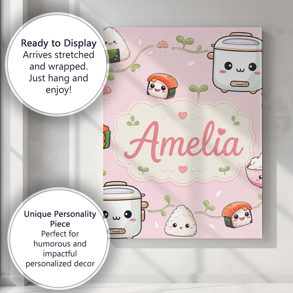 Personalised Name Cute Kawaii Sushi Rice Custom Unique Gift Idea Elegant Feature Canvas Wall Art Print Decor Picture Ready to Hang