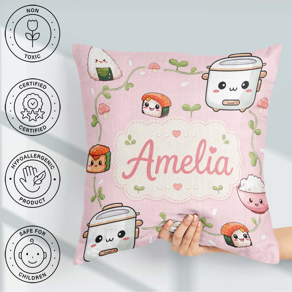 Custom Name Kawaii Sushi Rice Bowl Soft Pink Background Seamless Square Filled Cushion Throw Pillow Sofa Bed Home Decor Zip Washable UK Made