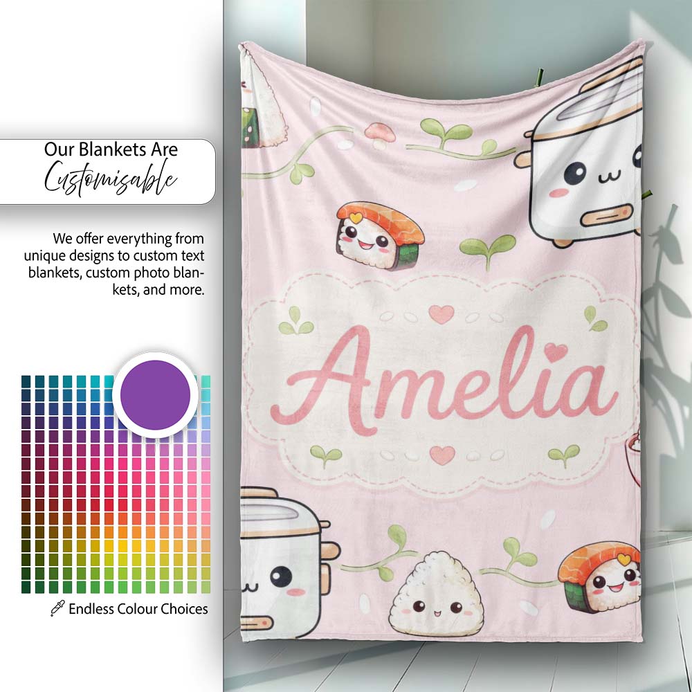 Cute Kawaii Sushi Rice Cooker Bowl Soft Pink Background Seamless Personalised Custom Name Super Soft Fleece Blanket Bed Sofa Throw