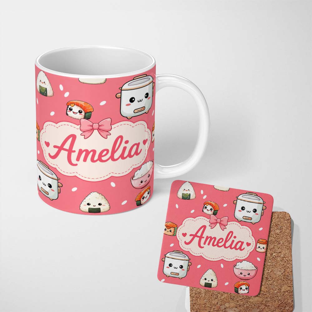 Personalized Custom Name Cute Kawaii Sushi Rice Cooker Bowl Coral Background Seamless 11oz Ceramic Coffee Tea Mug White Large Handle